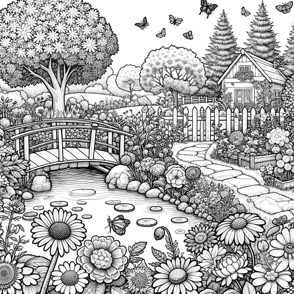 DALL·E 2024 04 10 10.41.03 A whimsical garden scene for a coloring book page featuring a variety of flowers trees and a small pond. In the foreground a path winds through th Odkryj świat kolorowanek - idealna zabawa dla każdego