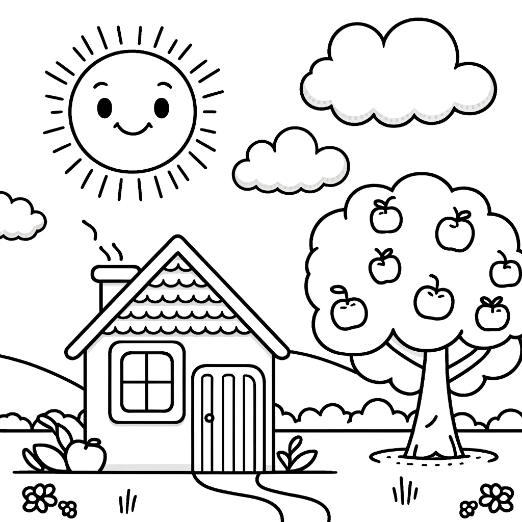 DALL·E 2024 04 10 10.41.34 A simple and engaging coloring book page designed for a 6 year old child featuring a smiling sun in the sky a basic house with a door and two window Odkryj świat kolorowanek - idealna zabawa dla każdego
