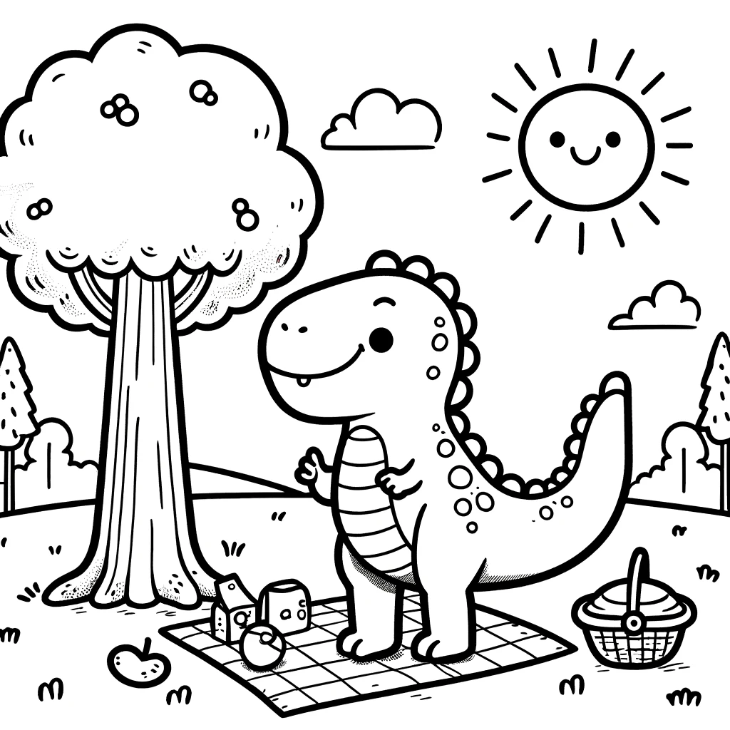 DALL·E 2024 04 10 10.47.35 A simple and fun coloring book page suitable for a 6 year old illustrating a cheerful dinosaur in a park. The dinosaur is standing next to a tree un Odkryj świat kolorowanek - idealna zabawa dla każdego