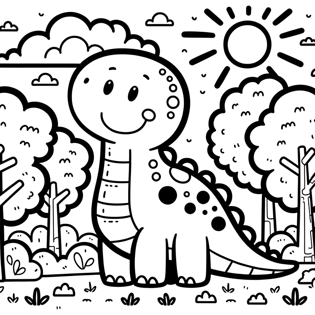 DALL·E 2024 04 10 10.50.50 A simple coloring page suitable for a 6 year old featuring a large friendly looking cartoon dinosaur in a park. The dinosaur is smiling and has a fe Odkryj świat kolorowanek - idealna zabawa dla każdego